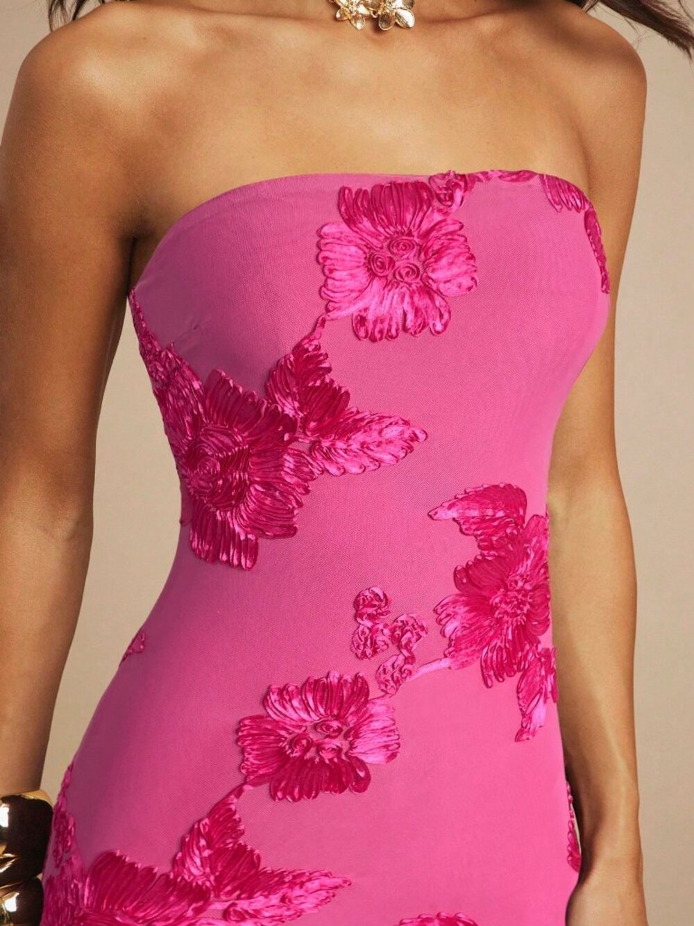 Hot Pink Party Women's 3d Floral Sexy Bodycon Strapless Dress - Picture 5 of 5